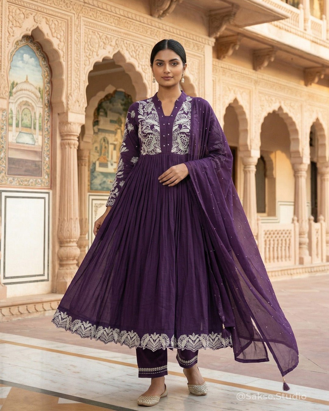 Petal Whirl Threadwork Mul Cotton Flared A - Line Suit - Sakshe Studio