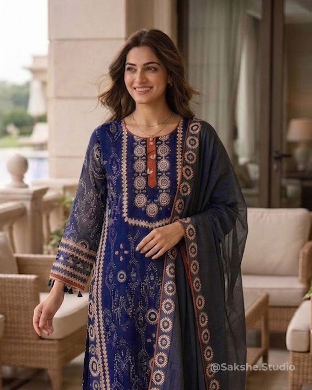 Tassel Drape Printed Pure Chiffon Straight Suit with Cotton Silk Bottom - Sakshe Studio