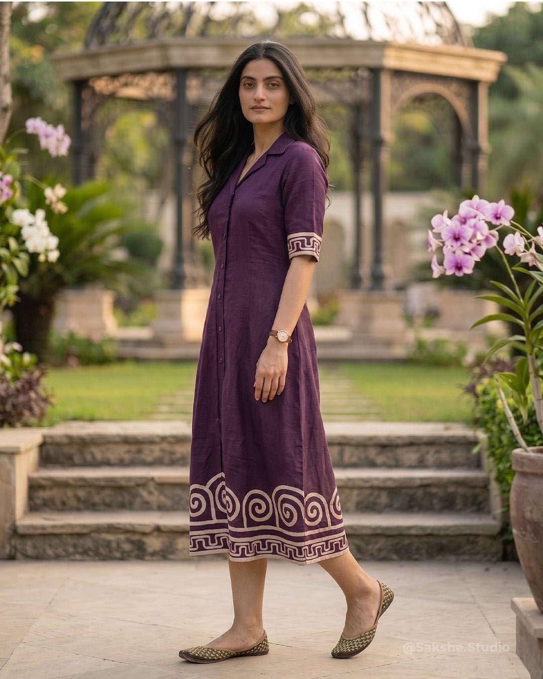 Thread Border Pure Cotton A - Line Middy Dress - Sakshe Studio