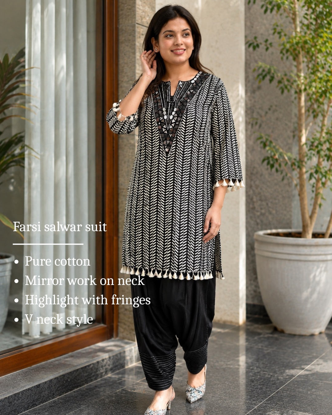 Black & White Cotton Farsi Salwar Suit (Set of 2) – Real Mirror with Printed Elegance!🖤