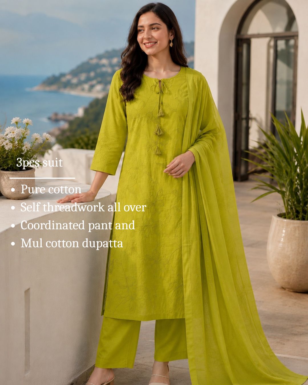 Citrus Bloom Self Embroidered Cotton Kurta Set!💚